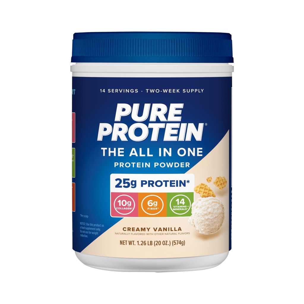 Pure Protein All-In-One Powder, Vanilla - Whey & Collagen, High Fiber, Vitaminer, No Added Sugar, Non-GMO, Gluten-Free, 1,25lb
