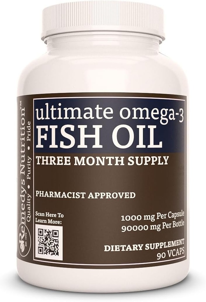 Remedys näring Ultimate Omega-3 Fish Oil | 1000 mg, 90 Softgels Dietary Supplement | 3 Month Supply | EPA, DHA, GLA, ALA och LA Fatty Acids