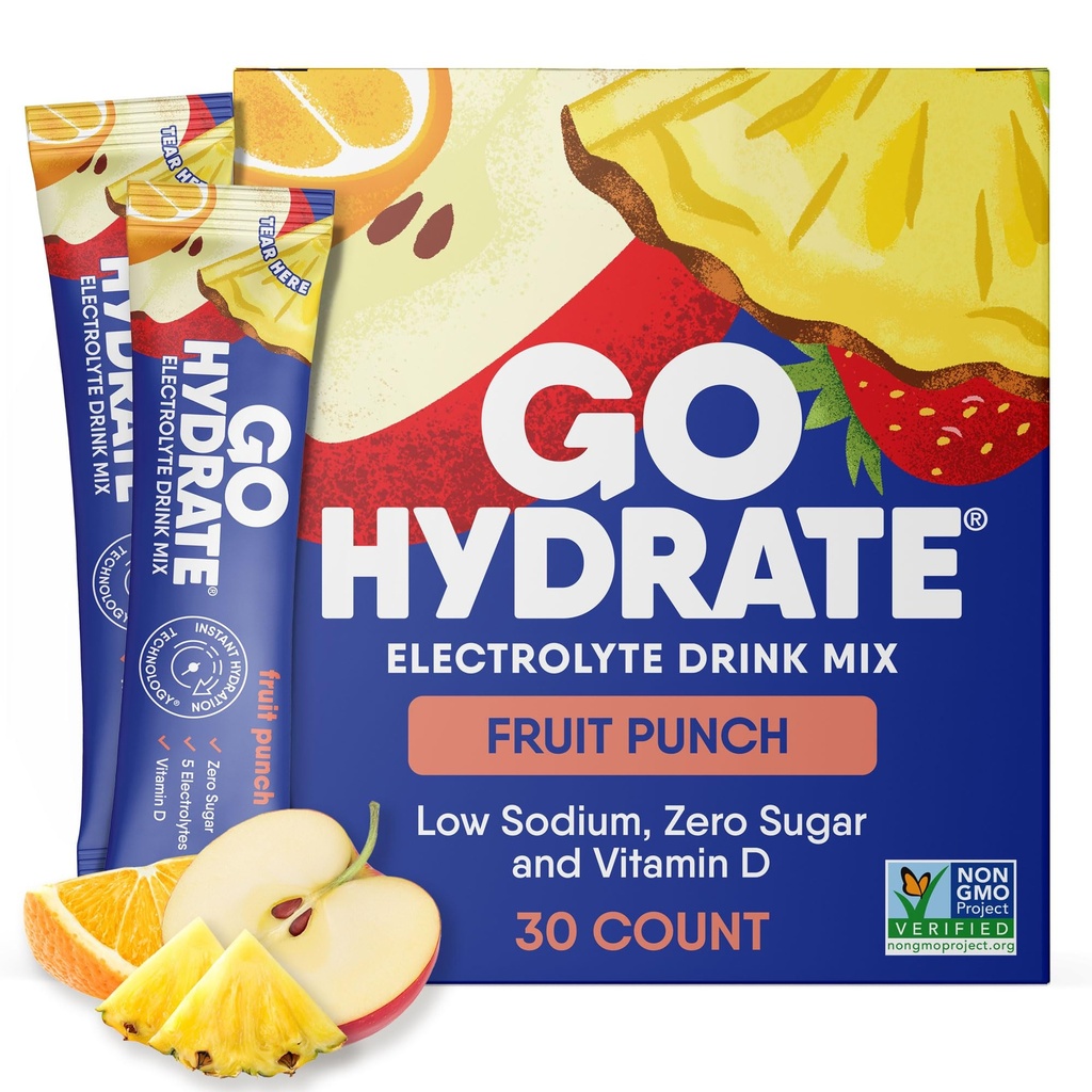 GoHydrate Instant Hydration Powder Packets - Alhainen natrium Elektrolyyttejä Drink Mix - Natural Hydration Support, sokeriton Elektrolyytti makujauhe Drink D-vitamiini, 30 pakkausta, hedelmäpunssi