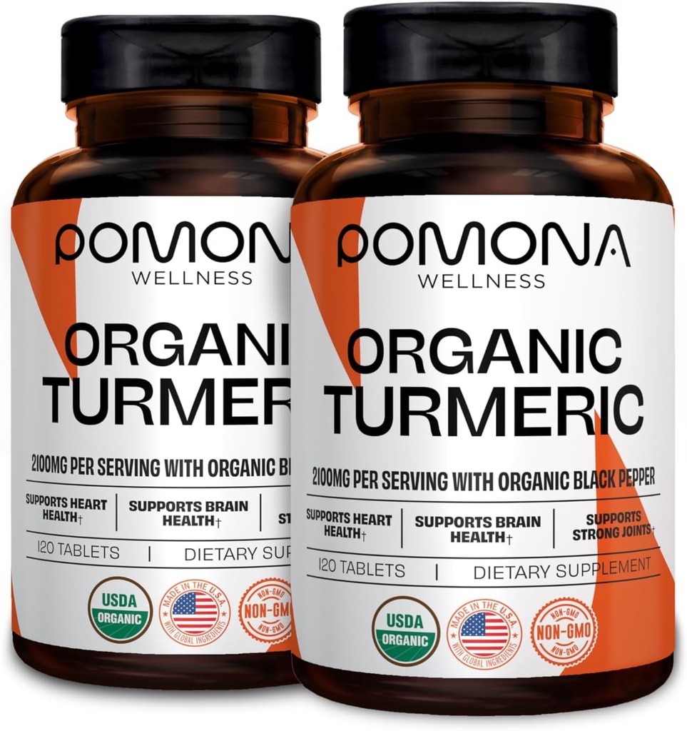 Pomona Wellness Organic Turmeric Supplement 2100 mg, USDA Organic, ei-GMO, Vegan, Turmeric Curcumin with Black Pepper for Imeytyminen, varten yhteinen tuki ja immuniteetti, 240 tablettia (2 pakkaus)
