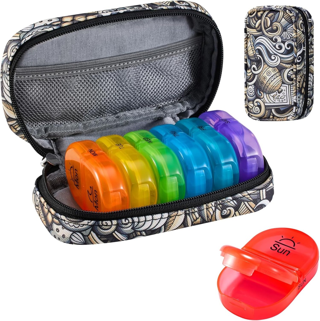 Serfeymi Viikoittain matka pillereitä Järjestäjä 2 Kertaa päivässä Päivitetty Sateenkaari pillerilaatikko 7 Päivä Portable Zipper PU Nahka pilleri tapauksessa, Lääketiede Organizer pillereitä, Vitamiineja, Kalaöljyjä - Ruskea 03
