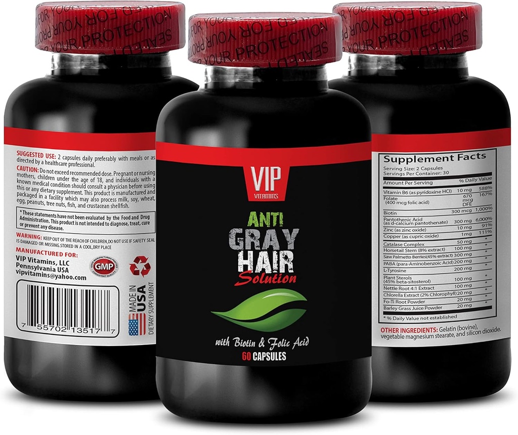 Nuortuminen Kauneus - Harmaa Hair Solution - kanssa BIOTIN & FOLIC Acid - nokkoset kapselit, paba täydentää, harmaa hiukset täydentää, folaatti täydentää naisille, vitamiinit harmaat hiukset Reversal, 1B 60 Caps