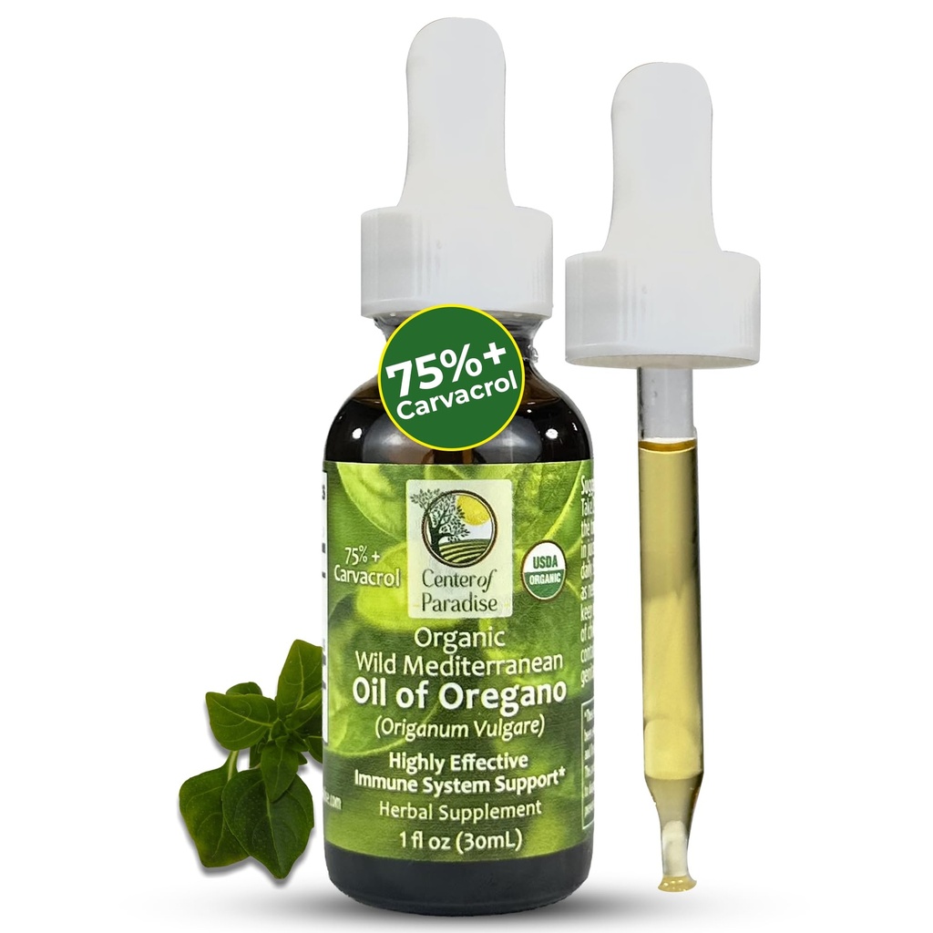 Center of Paradise Wild Mediterranean Oil of Oregano med 75% + Carvacrol (1 fl oz) Certified Oregano Oil Organic Drops i Extra Virgin Oil för Immune * & Respiratory * Support, cirka 450 portioner