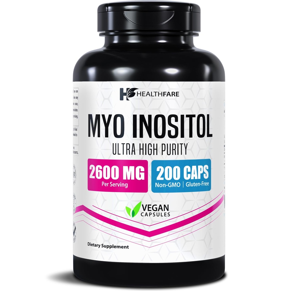 Healthfare Myo Inositol Supplement, 2600mg | 200 Veg Capsules | Ultra Strength | Hälsosam Ovarian Support för kvinnor | Vitamin B8 för kvinnor
