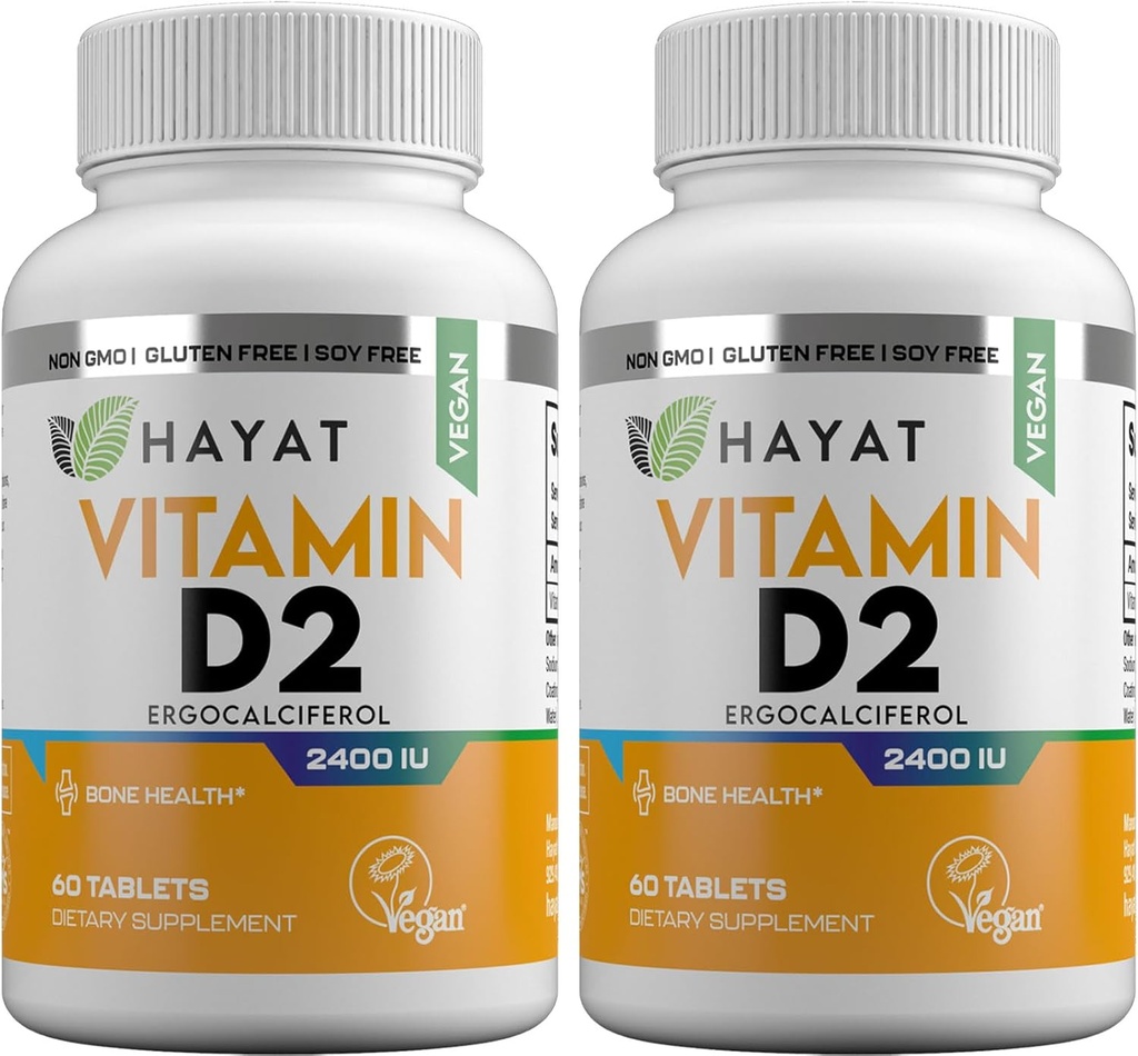 HAYAT Vitamins Vegan Natural Vitamin D 2400 IE, D2, Certified Halal (Pack of 2)
