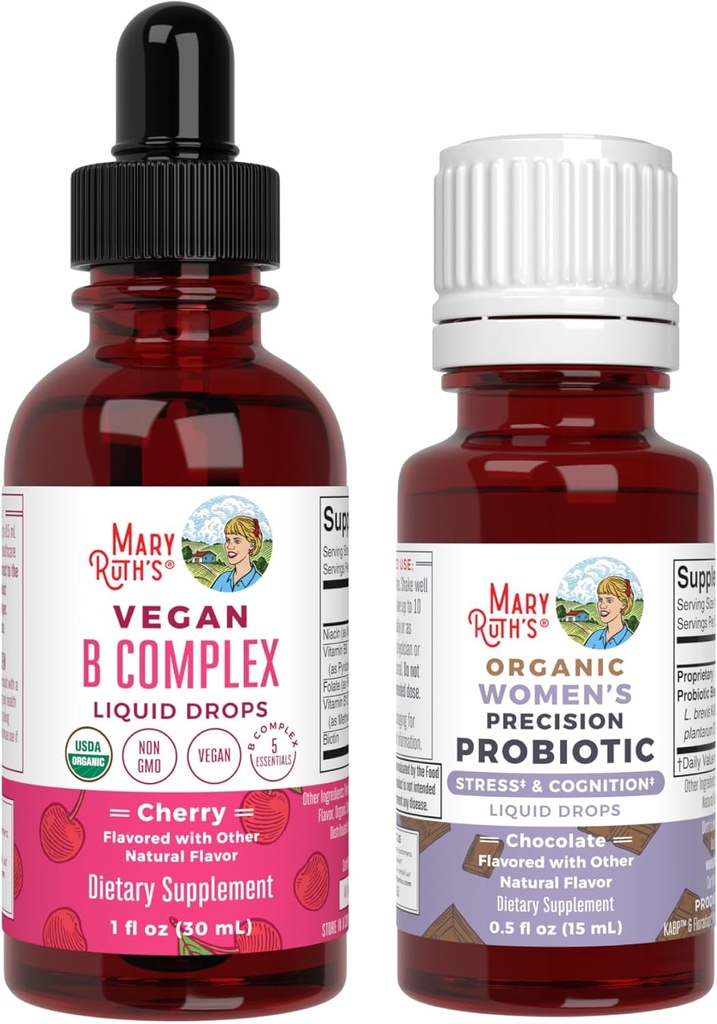 MaryRuth Organics Stress & Cognition Probiotic (Chocolate) för kvinnor och B-komplexa droppar | USDA Organic, Clean Label Project Verified® | Vitaminer för avkoppling, metabolism och hälsa | Vegan, Gluten