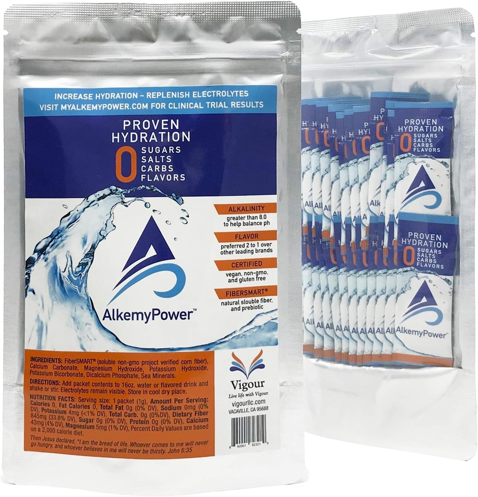 AlkemyPowerTM Hydraation Elektrolyyttijauhe, ei sokeria, suolaa, karbeja, makuja tai kaloreita, 100% luonnollinen, kätevä keppipakkaus, 30