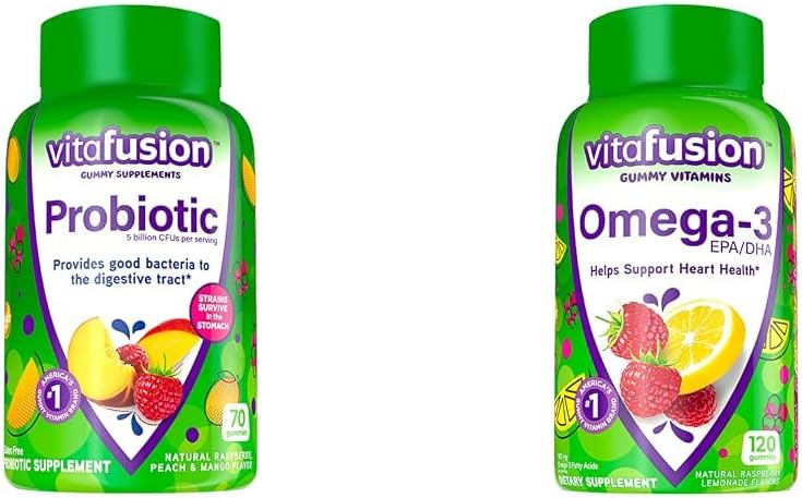 Vitafuusio Probioottinen Gummy Lisäravinteet, Vadelma, Persikka ja mango Makuja & Omega-3 Gummy Vitamiinit, Marja sitruunaa Makua, Heart Health Vitamiinit(1) kanssa Omega