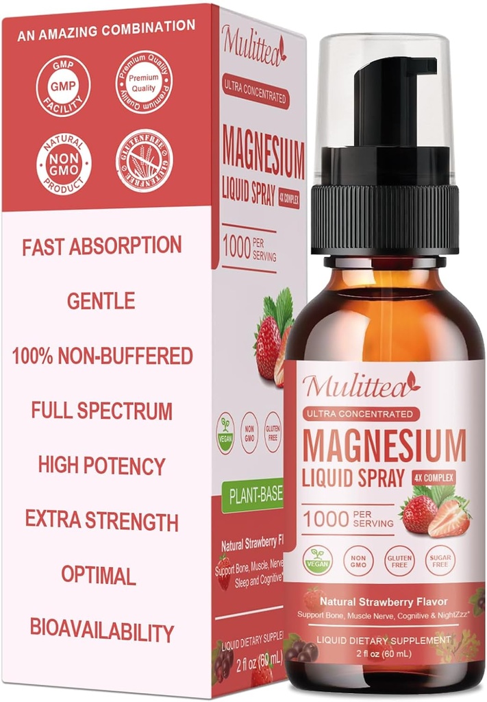 Magnesium Glycinate Liquid Spray, jossa sitruunaa, oksidia ja malaattia, magnesiumia koko vitamiinin, L-theaniinin, D3K2, B6 sydämen, jalkakramppeja, muscles&Energy-sokeri-vapaa mansikka maku, 2 Fl Oz