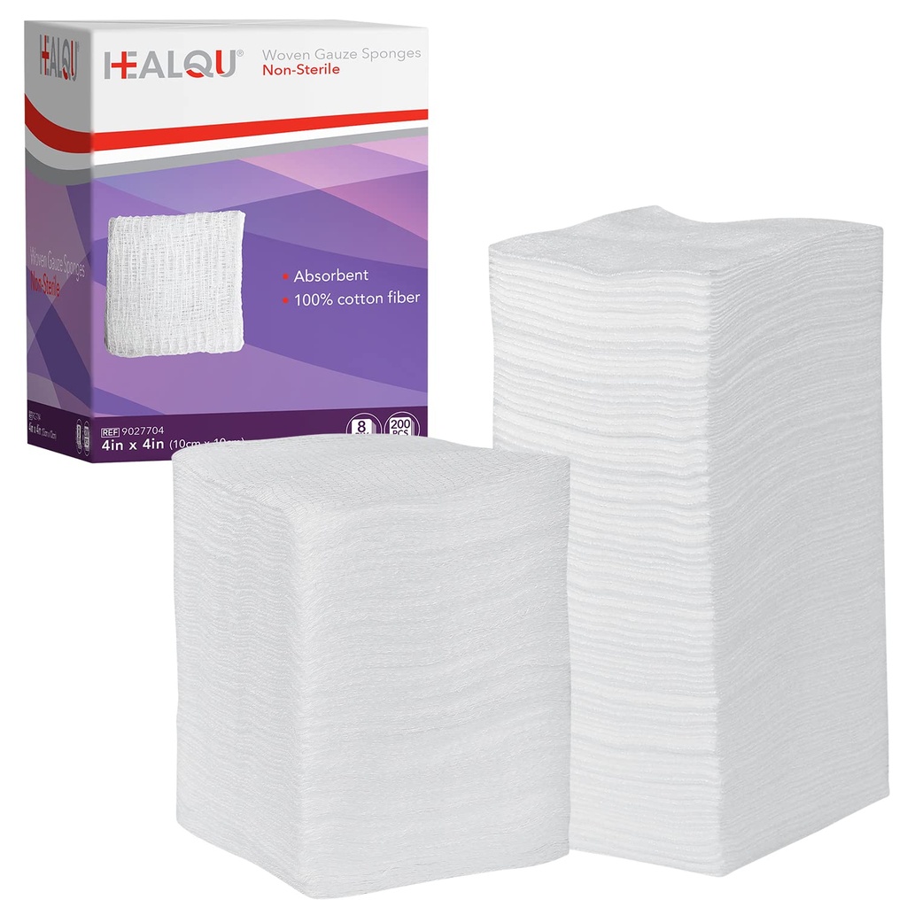 HEALQUI 4x4 Sisustustyynyt - 12 Ply kudottu 200 kpl pakkaus - Ultra Absorbentti Soft Non-Sterile Kirurginen Sponges for Wound Dressing, Debridement, Siivous ja valmistelu