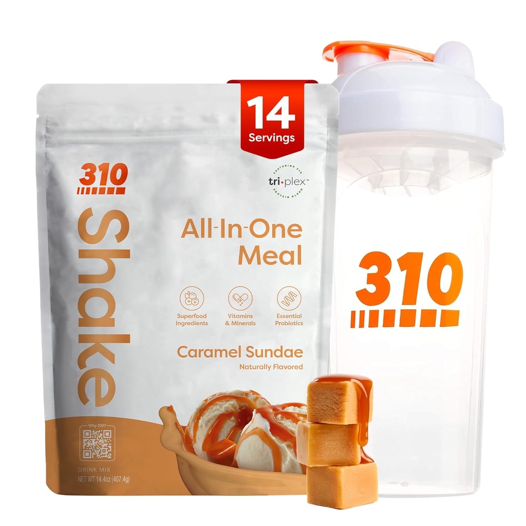 310 Nutrition All-in-One Ateriankorvike Shake Powder w/Shaker Cup Starter Kit - Korkea proteiinikuitu Rich Vegan Superfood Blend - Sokeriton, Keto & Paleo Friendly, Low Carb - Caramel Sundae 14 srv