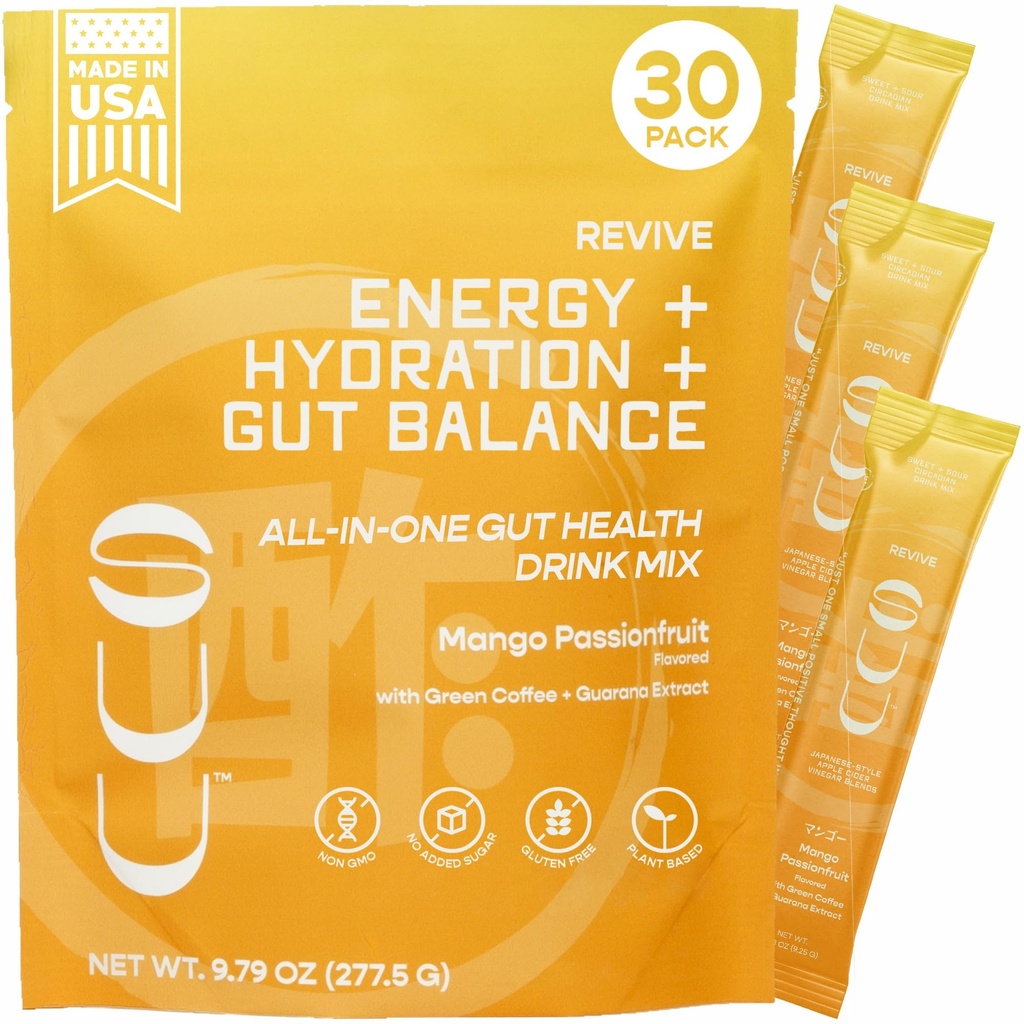 Revive Gut Health Drink Mix|Apple Cider Vinegar Prebiotics, Probiotics Gut Health for Women & Men|Green Coffee,Guarana|Supports Digestive Health, Energy & Hydration|Mango Passionfruit,30 Servings