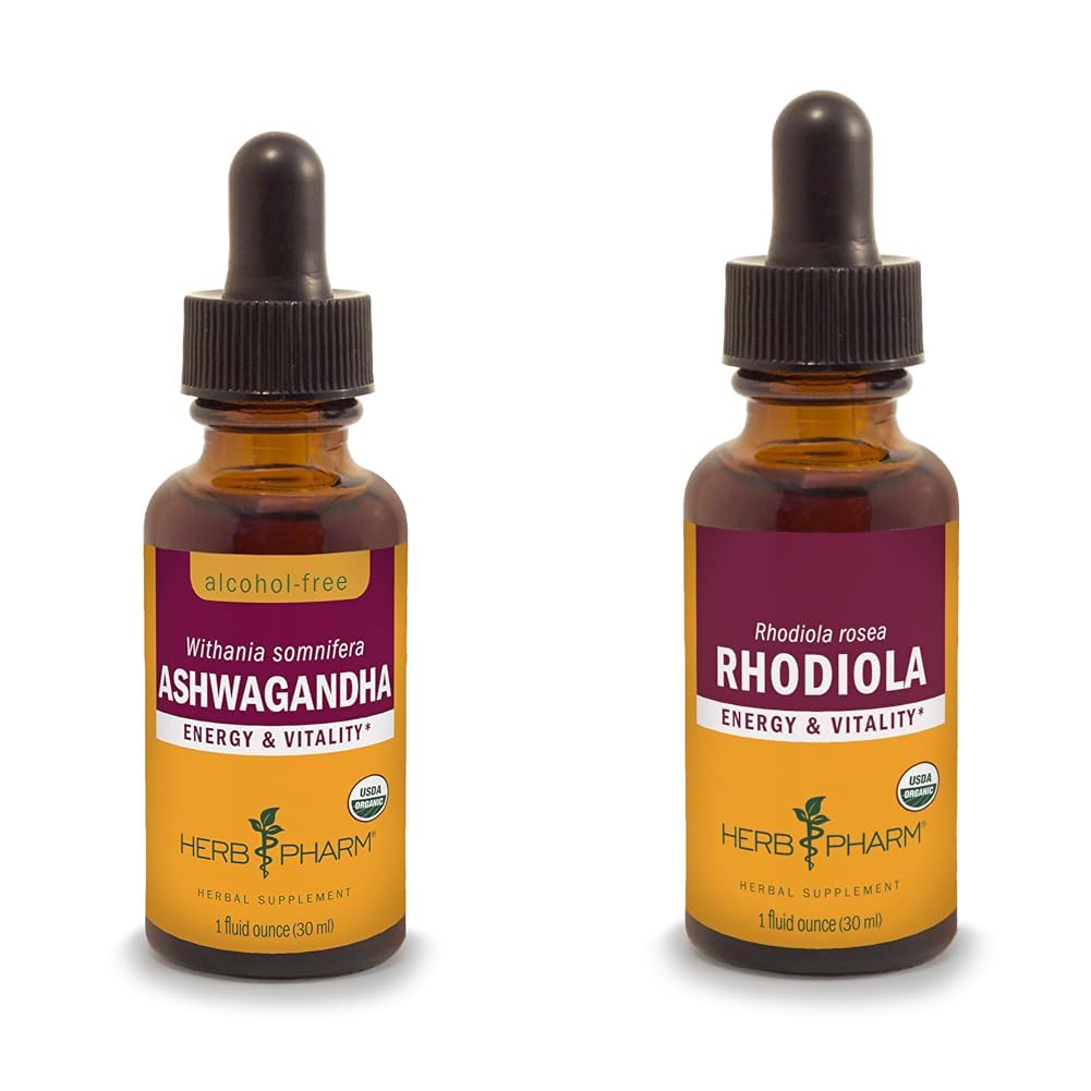 Herb Pharm Ashwagandha & Rhodiola juuriuutteet energialle, elinvoimalle, kestävyydelle ja kestävyydelle, alkoholittomalle glyseriitti- ja luomuruokoalkoholille, 1 Oz Each