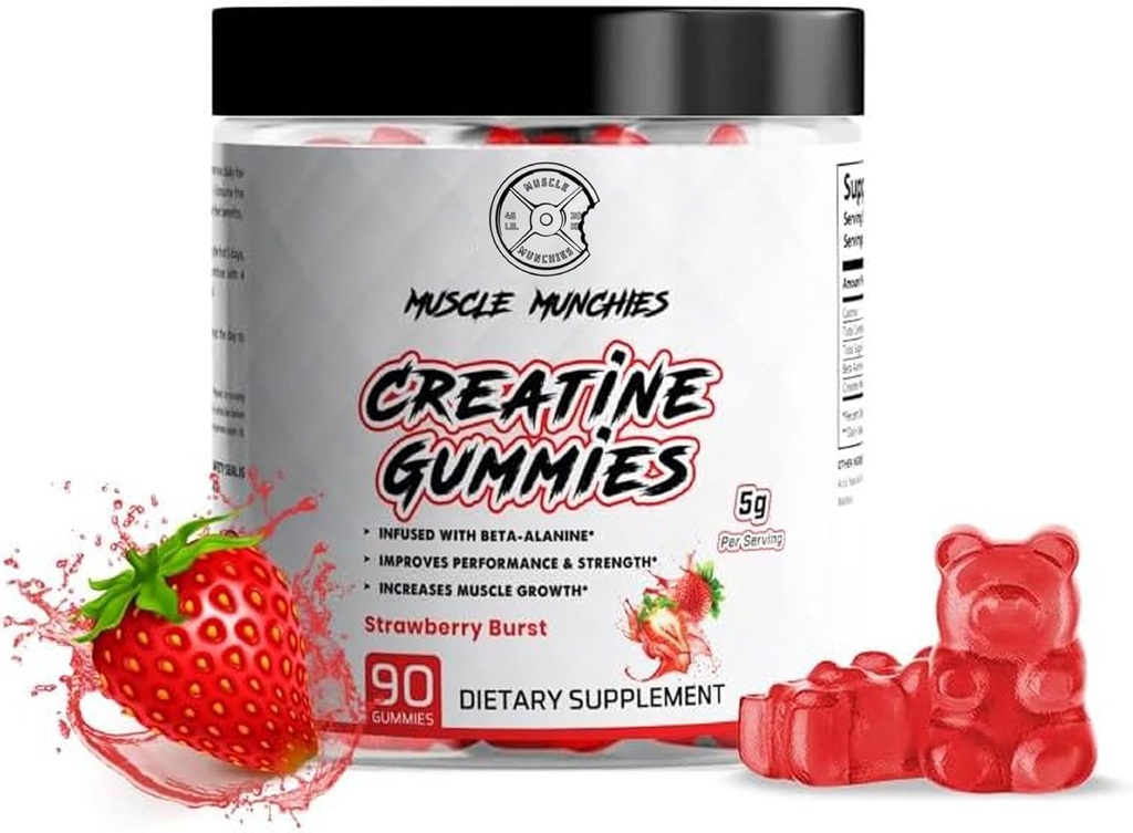 Muscle Munchies Creatine Chewable Gummies för män och kvinnor infunderas med Beta Alanine-5g av kreatin per servering ökar styrka, uthållighet och återhämtning-Vegan, NonGMO (Strawberry Burst)