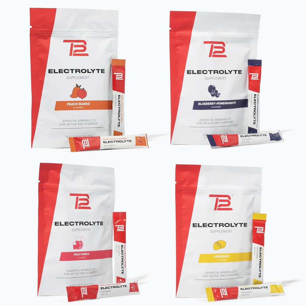 TB12 Elektrolyte Powder for Fast Hydration by Tom Brady, 4-pack Stickpacks (Sitruuna, mustikka granaattiomena, hedelmäpunch & Peach Mango), luonnollinen, helppo sekoittaa. Matala sokeri, matala kalorie (60 tarjoilua)