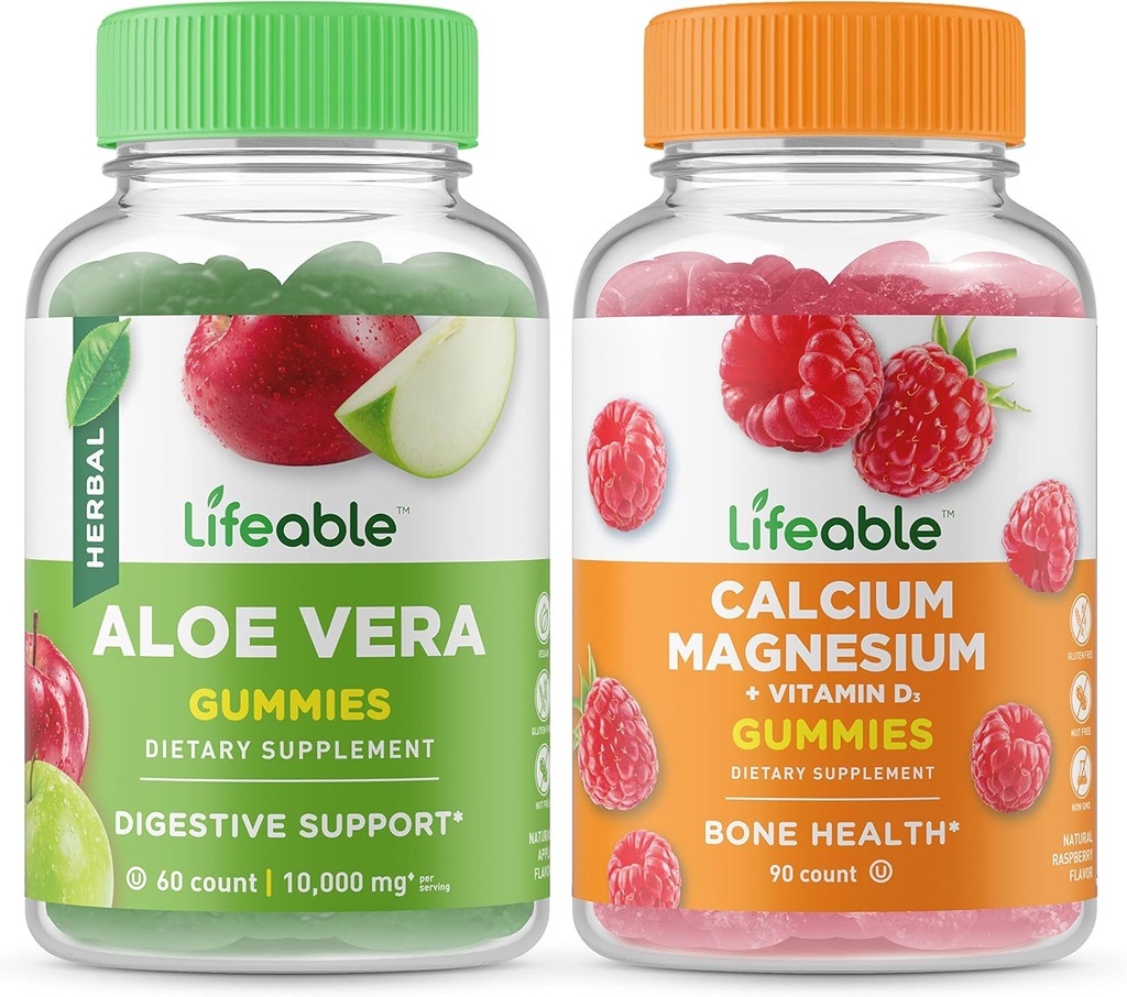 Elinkelpoinen Aloe Vera + Kalsium Magnesium, Gummies Bundle - Suuri Maku, Vitamiini Supplement, Gluteeniton, GMO vapaa, pureskeltava
