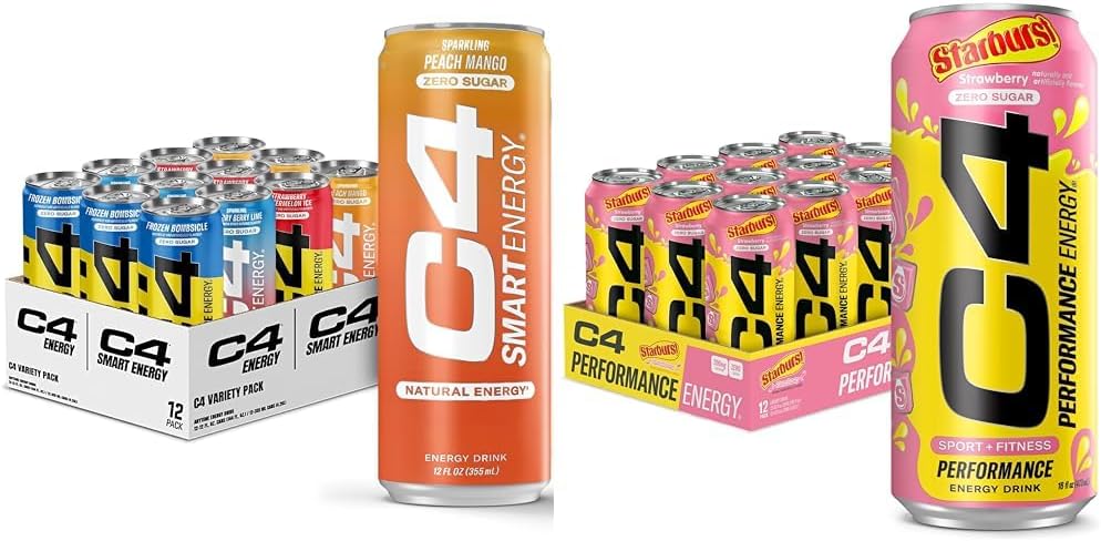 C4 Energy & Smart Energy Drinks Variety Pack, Sokeriton Pre workout Suorituskyky Drink & C4 Energy Drink, STARBURST Strawberry, Carbonated Sugar Free Pre workout Suorituskyky juoma