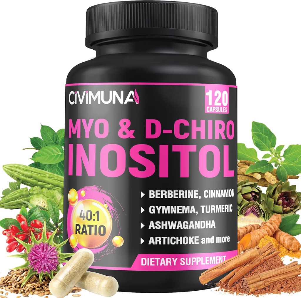 Inositoli täydennysosa - Myo-Inositoli ja D-Chiro Inositoli Plus Ashwagandha, berberiini, kaneli ja 5 Lisää - 120 kapselia