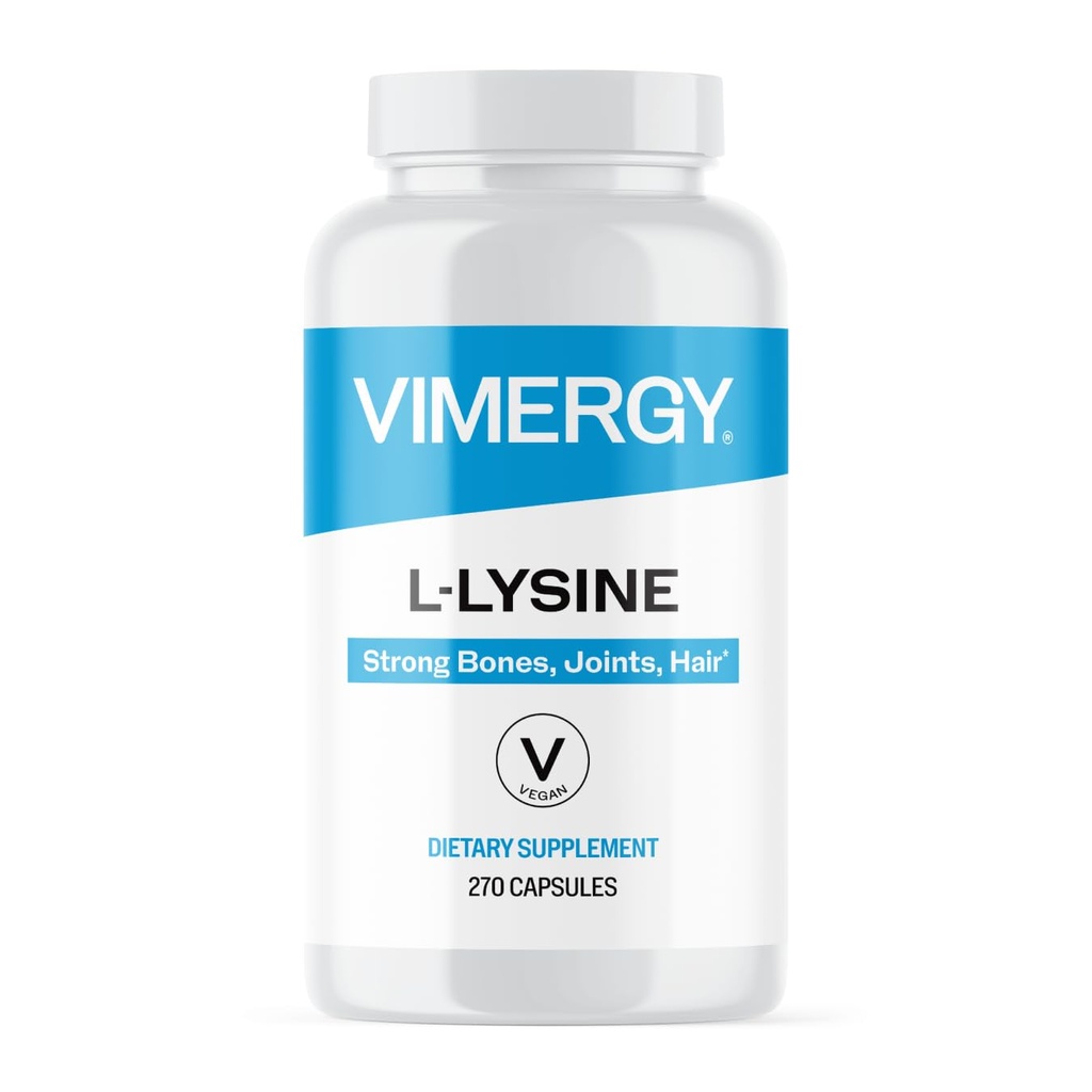Vimergy L-Lysine - främjar hälsosam hud, hår och naglar * - stöder hälsosam metabolism * - Vegan, icke-GMO & Glutenfri - 270 kapslar