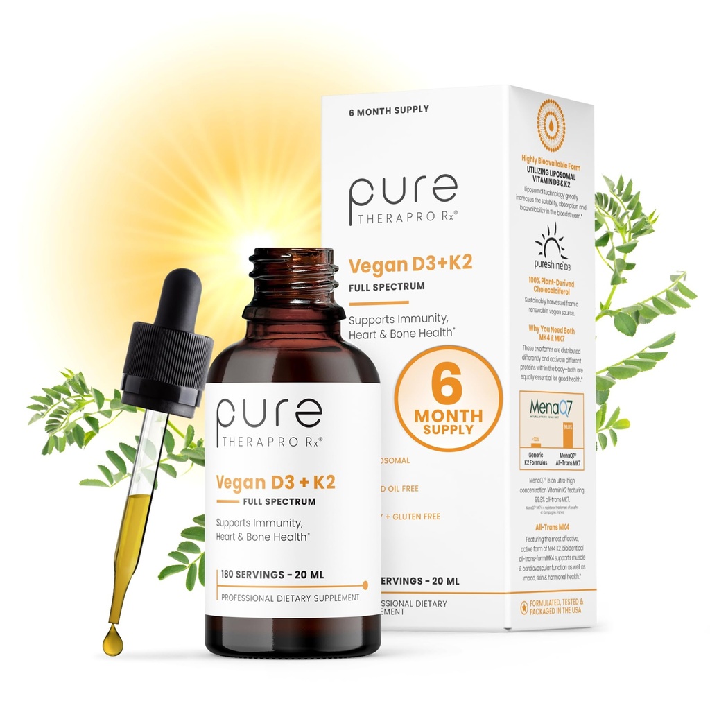 Pure Therapro Rx Vegan D3 + K2 Organic 100% Liposomal 20ml Valmistettu USA: ssa 6 kuukauden toimitus ... Maksimi-imeytyminen D3-vitamiini ja K2-vitamiinilisät miehille ja naisille, D3-vitamiini 5000 IU