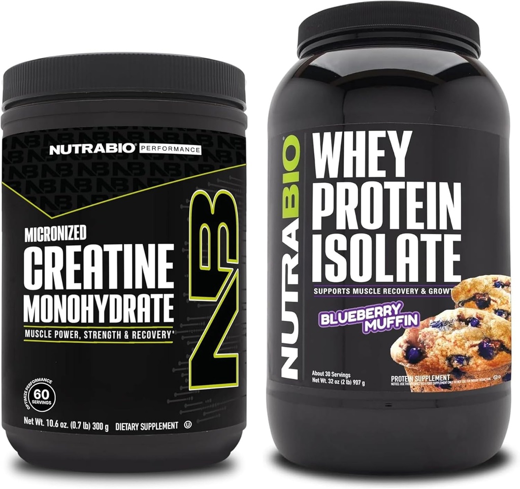 NutraBio Creatine Monohydrate, Unflavored, 300g och Whey Protein Isolate, Blueberry Muffin, Supplement Bundle - Muscle Energy, Lean Muscle Growth, Recovery och Strength