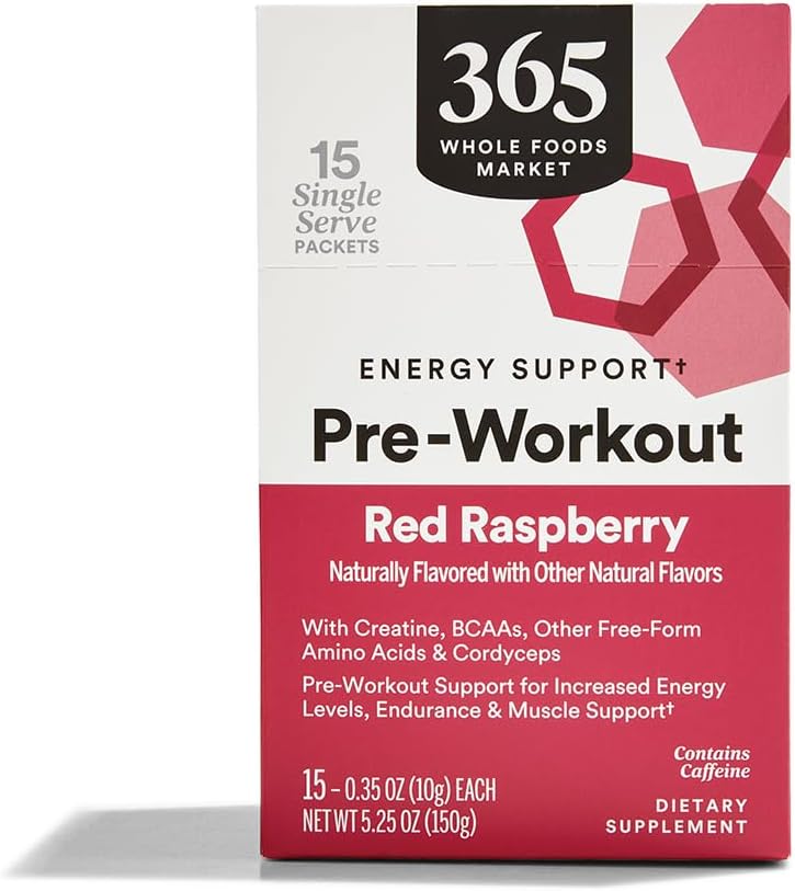 365 by Whole Foods Market, Pre-Workout Energy Support kofeiini, Single-Serve Packets, punainen vadelma, 15