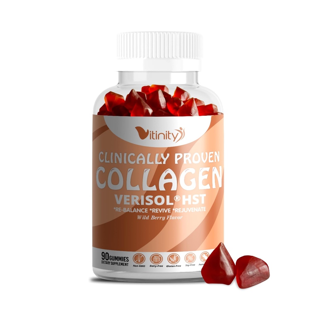 VITINITY VERISOL® HST+HA+VIT C Collagen Hard Chewy Gummies Kliinisesti todistettu kauneus. Kiinni, Smoother Skin, Fewer ryppyjä, Reduced Selluliitti. Oikea kaunotar. Look-Good Feel-Good -30 päivän tarjonta