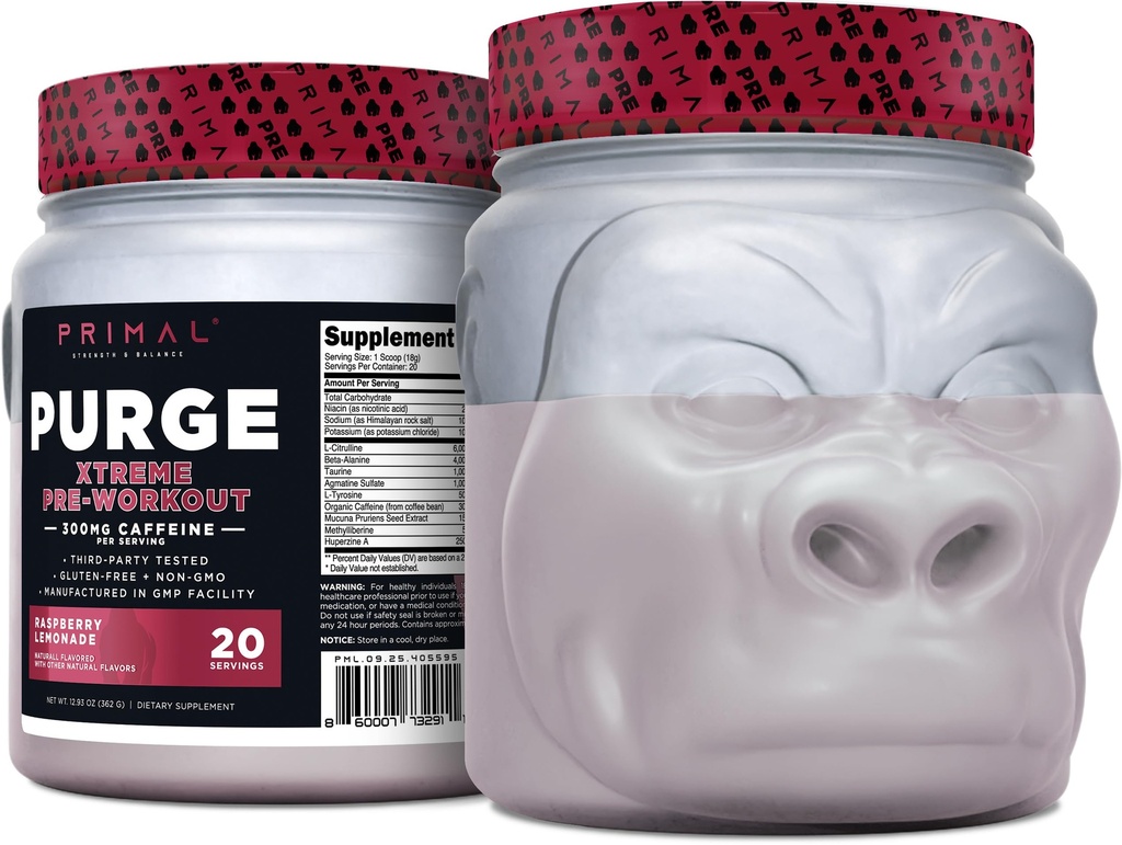 Primal Puhdistus Xtreme Pre-Workout (vadelma sitruunan maku) (20 tarjoilua) - Gluteeniton + ei-GMO