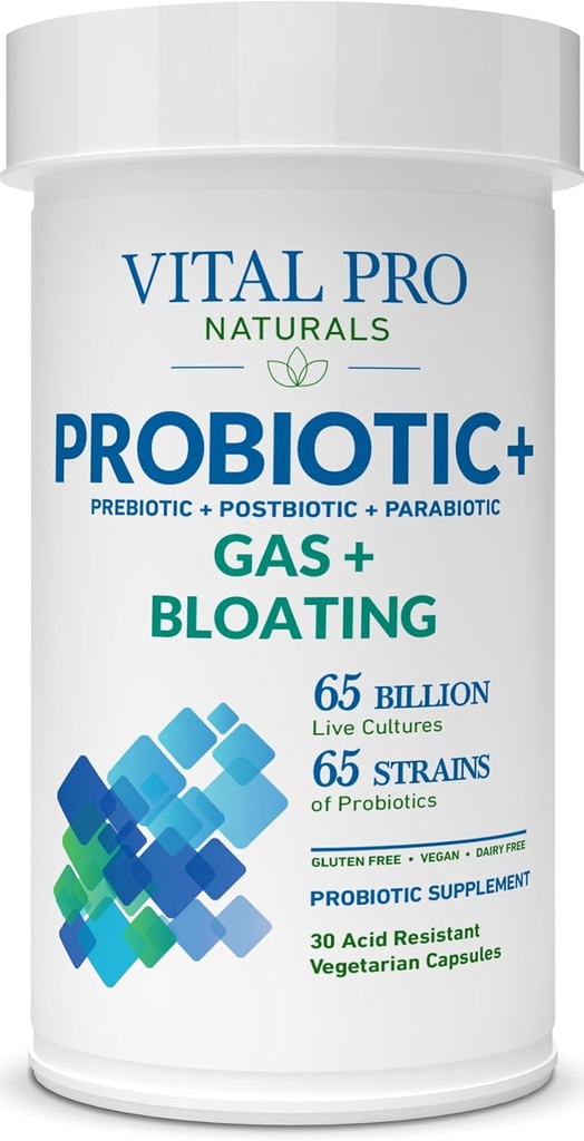Vital Pro Naturals - Gas & Bloating Probiotics + Prebiotika, Postbiotika, Parabiotika, 4-i-1 Hälsotillskott för vuxna, Hög Potens, 65 Stammar, När daglig Digestive och Immune Support, 30 ct