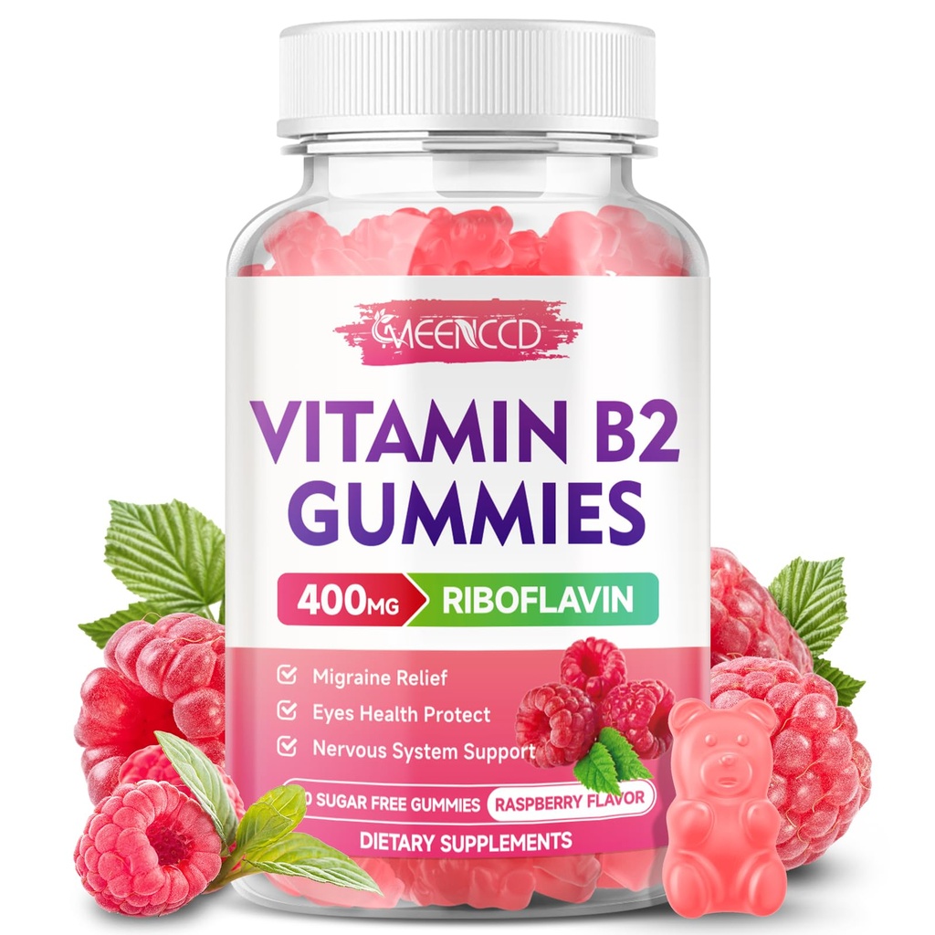 Vitamin B2 Gummies Riboflavin 400mg Supplement med Magnesium för barn & vuxna, B2 Gummies för Migraine Relief & Nervous System Support, Vegan, Sugar-Free, Raspberry Flavor, 60 Count