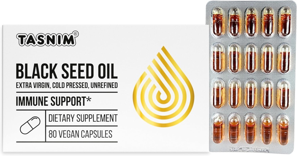 Tasnim Black Seed Oil Organic Cold Pressed Capsules 100% ren Cold-Pressed Black Cumin Seed Oil Nigella Sativa för Immune Support, Joint Comfort och Vitality