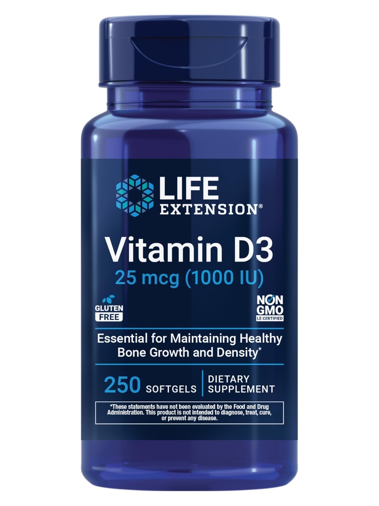 Life Extension D3-vitamiini 25 mikrog (1000 IU), immuunijärjestelmän tuki, luunterveys, koko kehon terveys, arvo koko, gluteeniton, ei-GMO, 250 pehmogeeliä