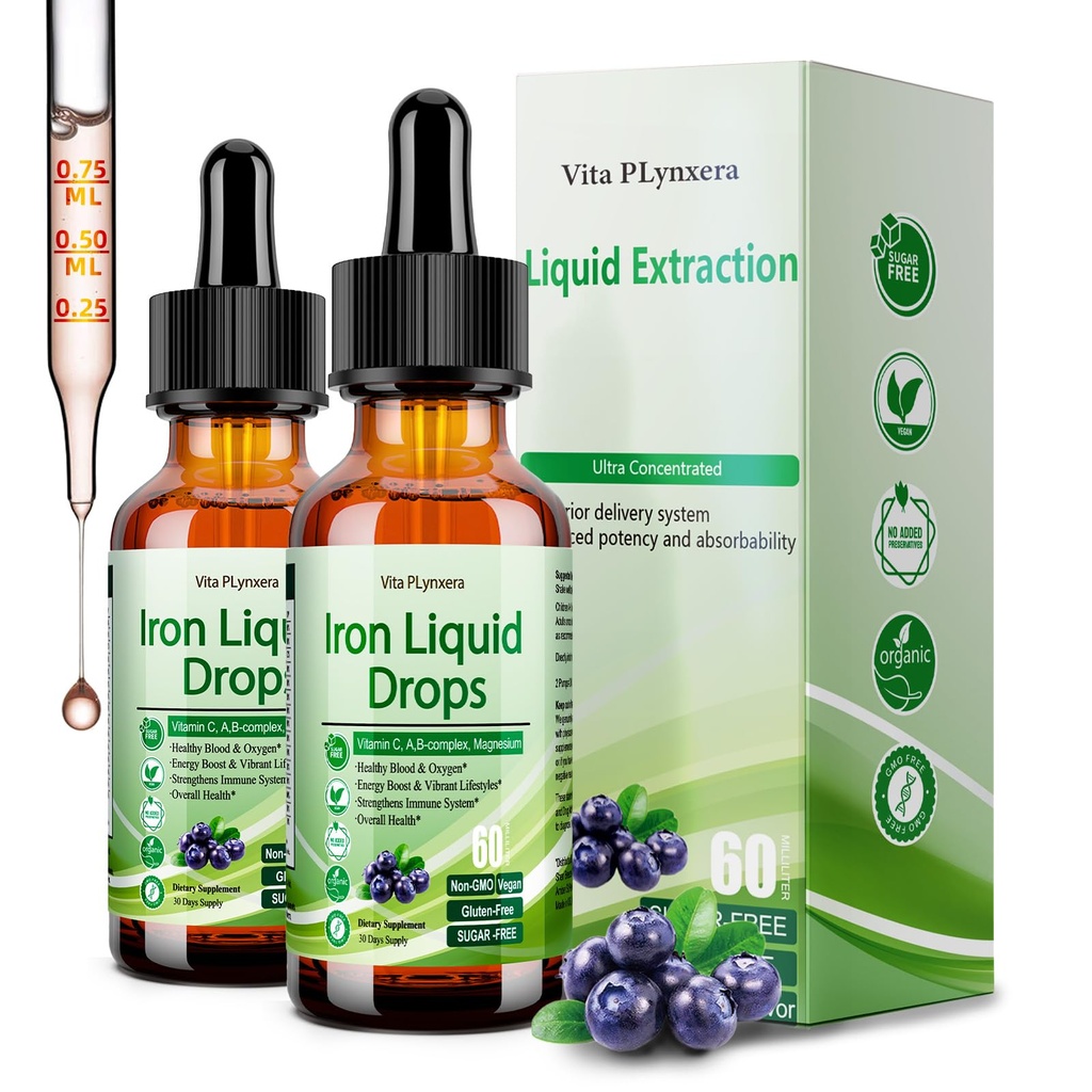 2 Pack Liquid Iron Supplement for Women & Kids, Vegan Iron Drops with C-vitamiini D, B12, B-Complex, High Potency Liquid with Multivitamiini for Anemia, Energy Support, Magnesium Iron Gentle