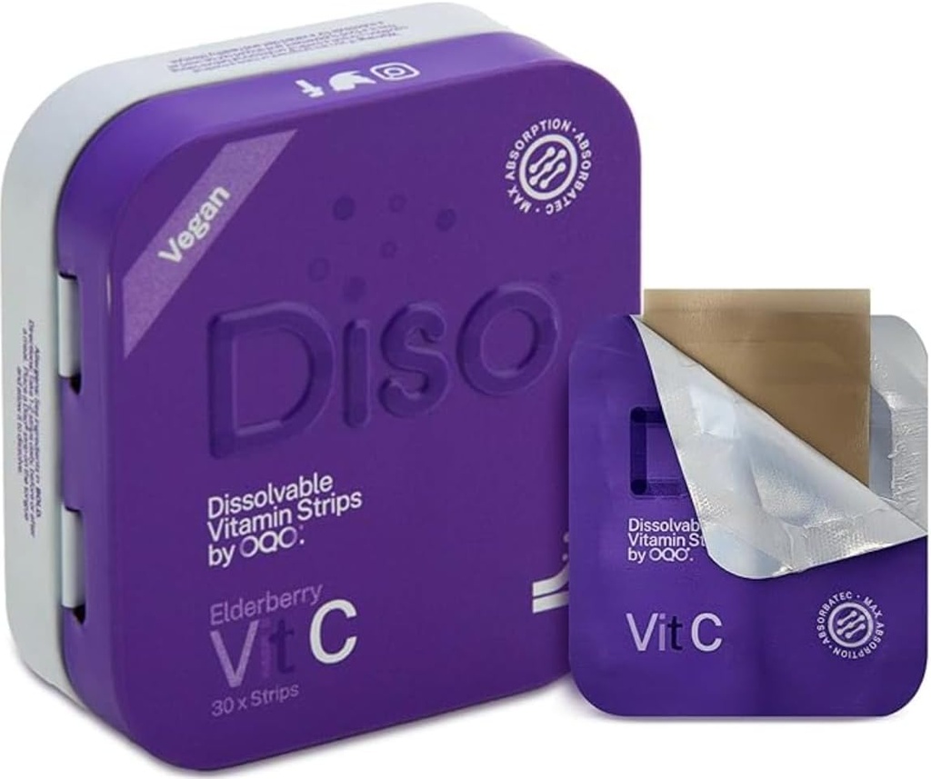 DISO - C-vitamiini - Nopeasti liukenevat suunauhat, Elderberry Flavor, Boosts Immuniteetti, Vegan, Zero Sugar, Maksimi-imu, Gluteeniton, Yksittäin kääritty, 30 Ratkaistavat nauhat