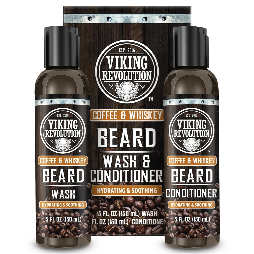 Viking Revolution Parta Pesu- ja partahoitoaine miehille Argan Oil ja Jojoba Oil-parta Pehmentäjä ja vahvistaa parta hoito Parta Shampoo ja hoitoaine Ginseng juuri(5oz, kahvi viski)