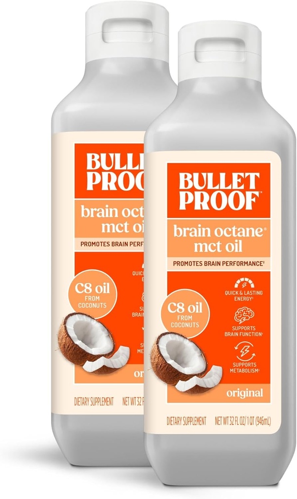 Luodinkestävä Coconut Brain Octane C8 MCT Oil, 16 Ounces (Pack of 2), Premium Keto täydentää kestävä energia, aivot ja Body Fuel, makua, Lisää kahvia ja smoothies, Pakkaus Toukokuu Vary