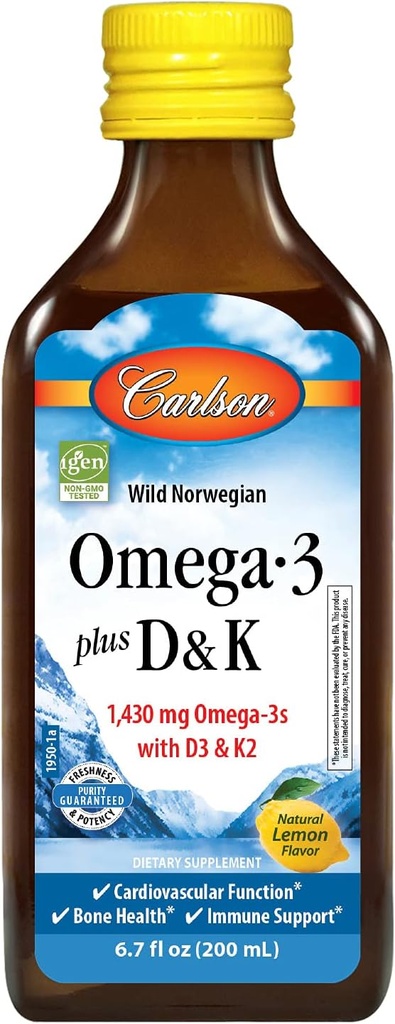Carlson - Omega-3 + D & K, 1430 mg omega-3s, 2000 IU (50 mikrog) D3, 90 mikrog K2 MK-7:nä, Heart Health, Bone Support, Lemon, 200 ml