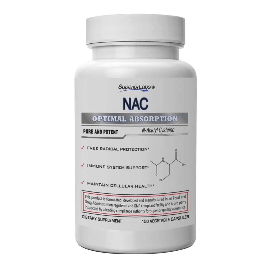 Superior Labs NAC (N-Acetyl Cysteine) 1,200 mg, 150 Vihanneskapselit, Ravintolisä seleenillä, vapaa radikaalisuojaus, normaali immuunijärjestelmän toiminta, ylläpito soluterveyden