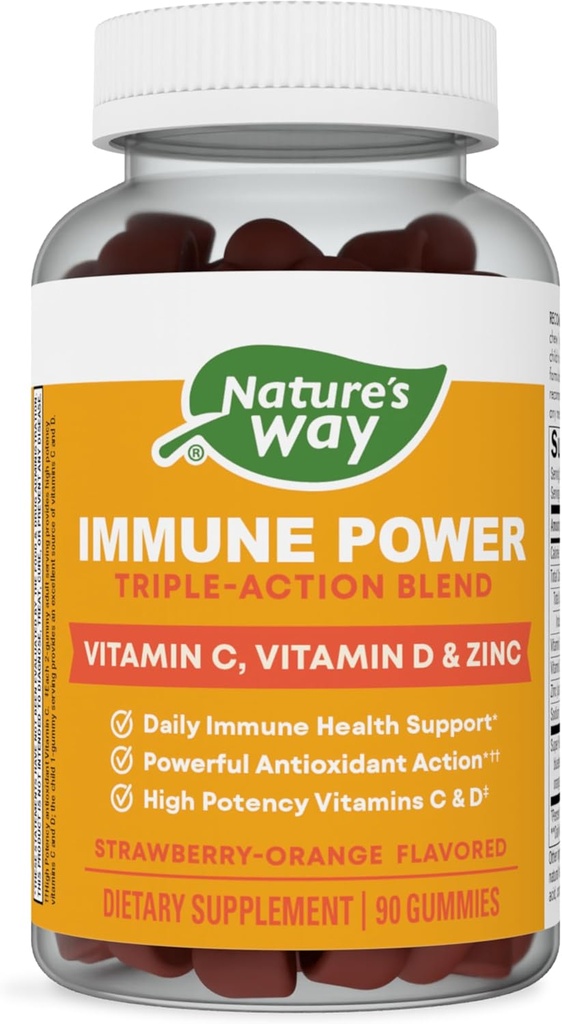 Nature's Way Immune Power, Triple Action Immuunituki Blend*, C- ja D-vitamiinit, Sinkki, Strawberry-Orange Flavored, 90 Gummy
