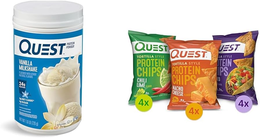 Quest Protein Powder & Chips Bundle - Vanilla Milkshake Powder (24g proteiinia, 1,6lb) + Tortilla Chips Variety Pack (12ct)