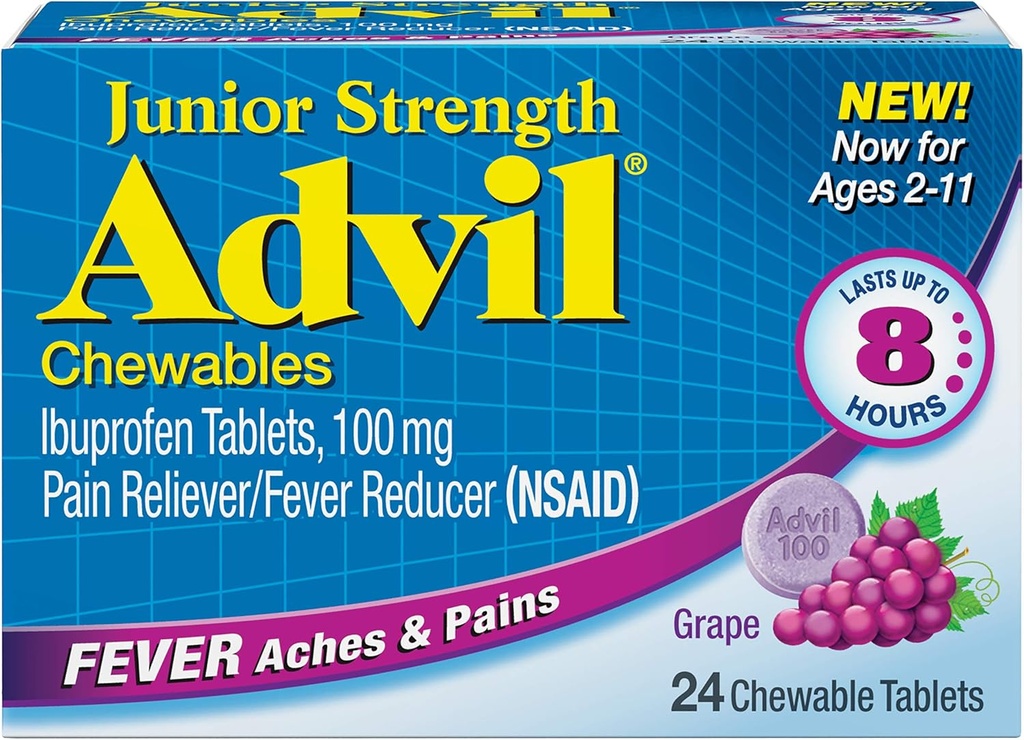 Advil Junior Chewable Ibuprofeeni Tabletit, rypäle 100 mg, 24 tablettia Jokainen (Pack of 6)