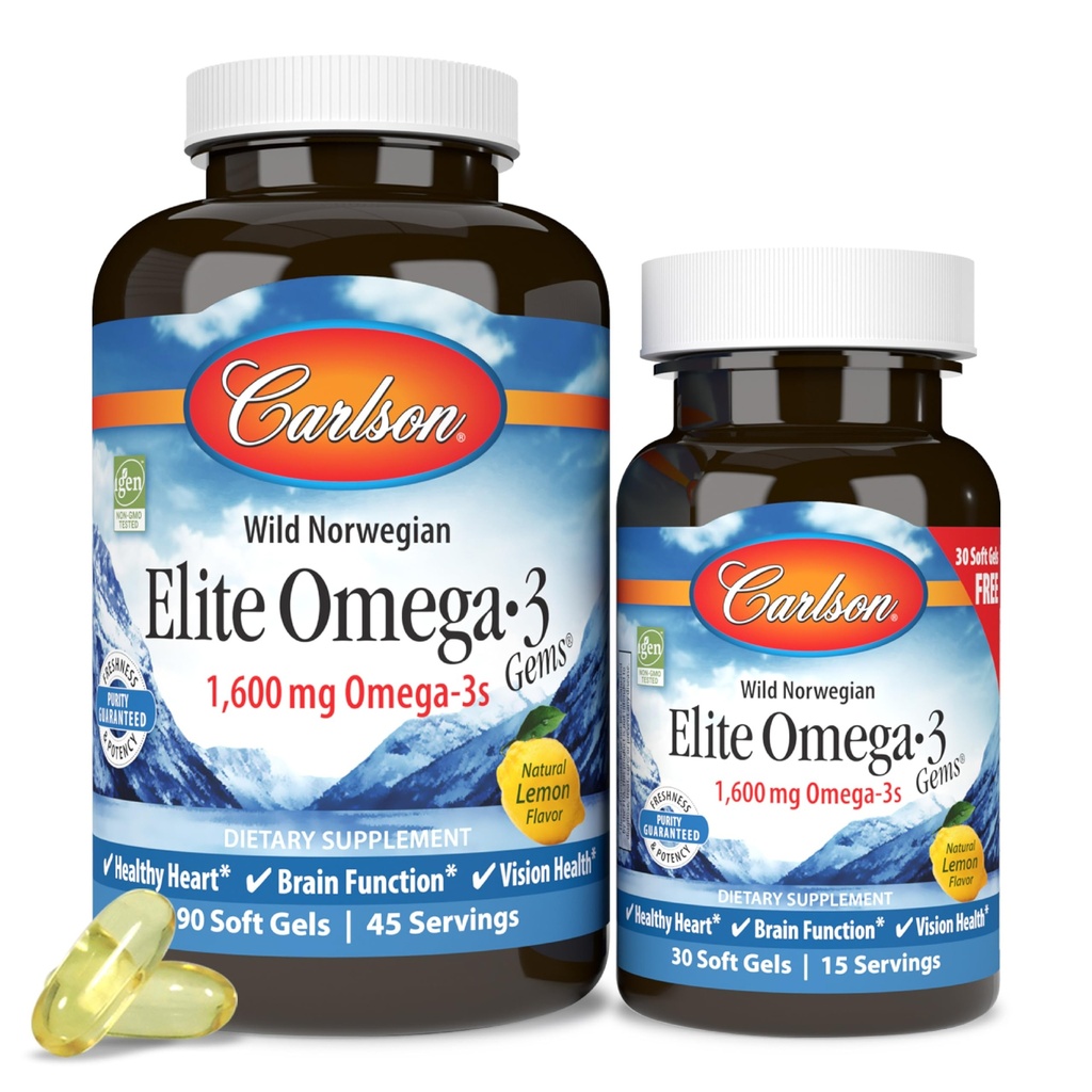 Carlson - Elite Omega-3 Gems,1600 mg Omega-3 rasvahapot mukaan lukien EPA ja DHA,Norjalainen, Wild-Caught kalaöljy Supplement,Susitainable Sourced Capsules, Lemon, 90+30 Softgels