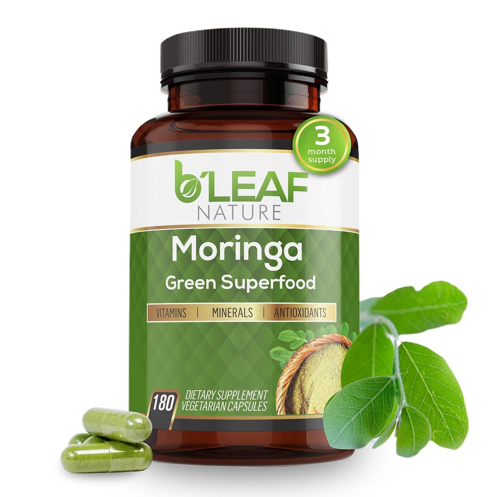 B'LEAF NATURE Organic Moringa Capsules 1000mg, 180 greve - Moringa Capsules med Organic Olefeira Powder för immunstöd, energi och balans - Vegan, icke-GMO-tillskott för daglig välbefinnande