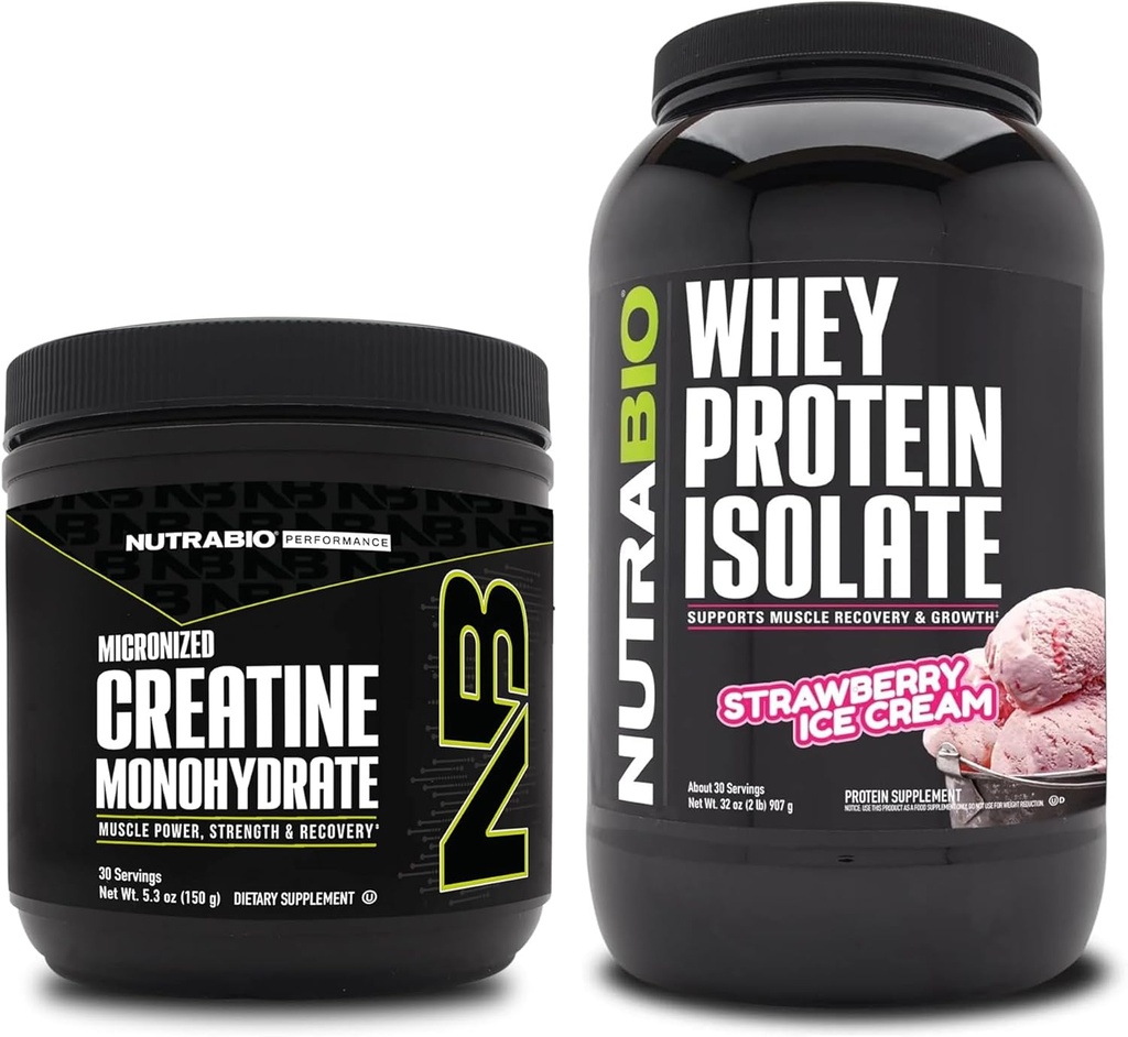 NutraBio Creatiini Monohydraatti, Mautonta, 150g ja Whey Protein Isolate, Mansikkajäätelö, täydennysosa Bundle - Lihasenergia, Lean Lihaksen kasvu, elpyminen, ja vahvuus