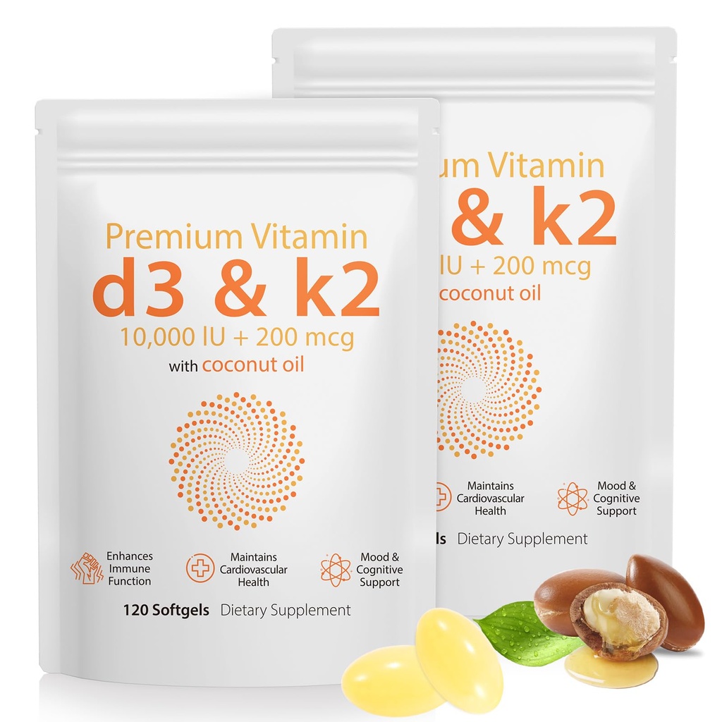 D3 K2-vitamiini 10000 IU - 240 Nergin Coconut Oil Softgels, 2 in 1 Vitamiini D & K Complex Supplement Softgel - Immuuni tuki ja kalsiumin imeytyminen, luun ja sydämen terveys (240 Coconut Oil Softgels)