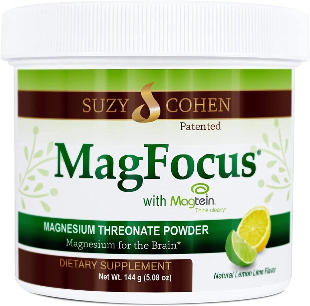 Suzy Cohen MagFocus Magnesium Treonate Powder Dietary Supplement 200mg, Terve Nerve, Tuki Kognition, Energia, Luunterveys, Stevia, Lemon Flavor, 60 tarjoilua