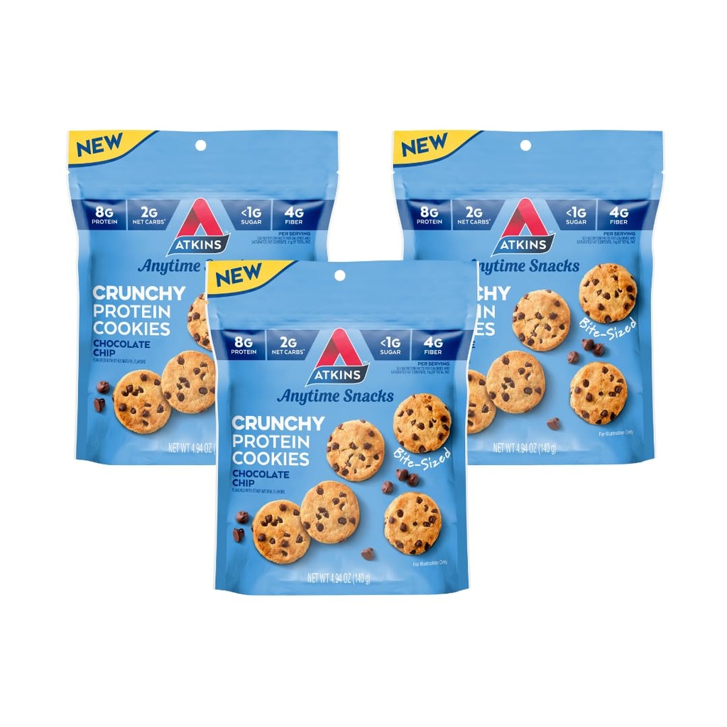 Atkins Bite-Sized Crunchy Protein Evästeet, suklaa Chip, 8g proteiinia, 4g kuitua, 1g Net Carb, 1g sokeria, Keto Friendly, 3 pussia (5 tarjoilua per pussi)