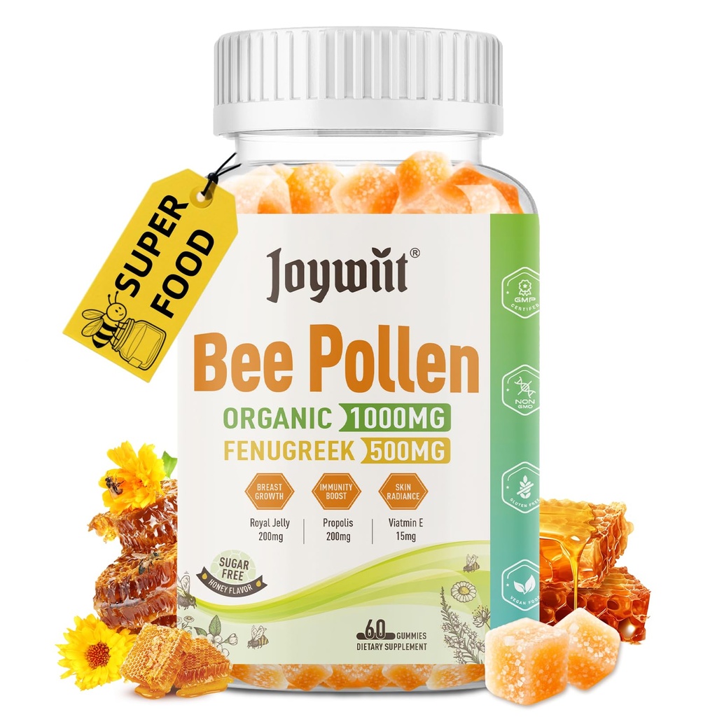 Bee Pollen 1000mg Sokerittomia Gummies, w/Fenugreek, Royal Jelly, Propolis, Organic Bee Pollen Chewable Supplement for Women, Rikas E-vitamiini, Immuniteetti & ihonhoito, 60 kreiviä