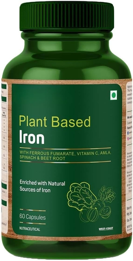 Växtbaserad järn med Ferrous Fumarate, Vitamin C, Spinach & Beet Root Berikad med naturliga källor av järn - 60 kapslar