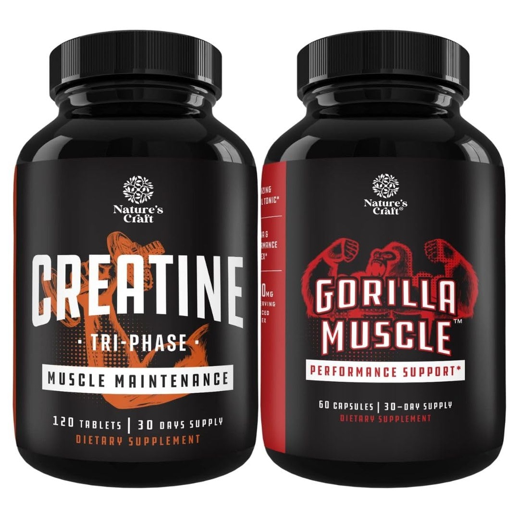 Bundle Tri Phase Creatiini pillereitä 5g ja Extra Strength Test Booster miehille - lihasmassan saanti ja lihasten Recovery Creatiini HCL Pyruvate - Natural Energy Supplement kiimainen Goat Weed